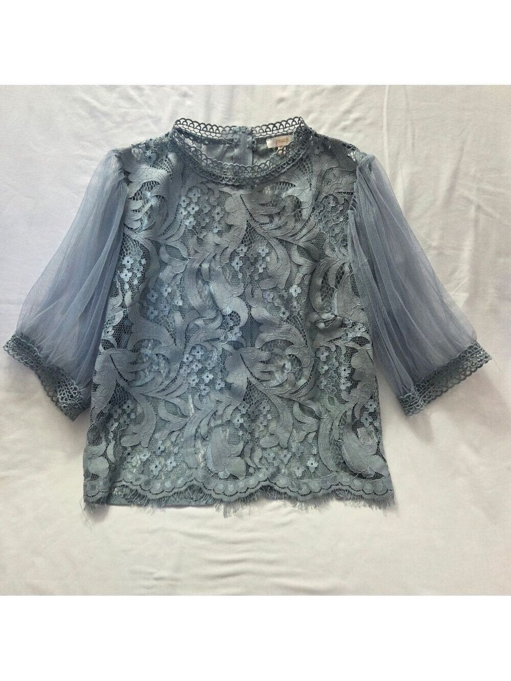 Peach Lace Puff Sleeve Blouse Blue Extra Large